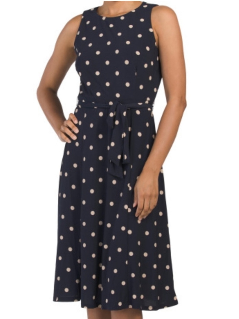 Belted No Wrinkle Travelers Dress 10 Sleeveless Navy + White Polka Dots - Picture 2 of 11